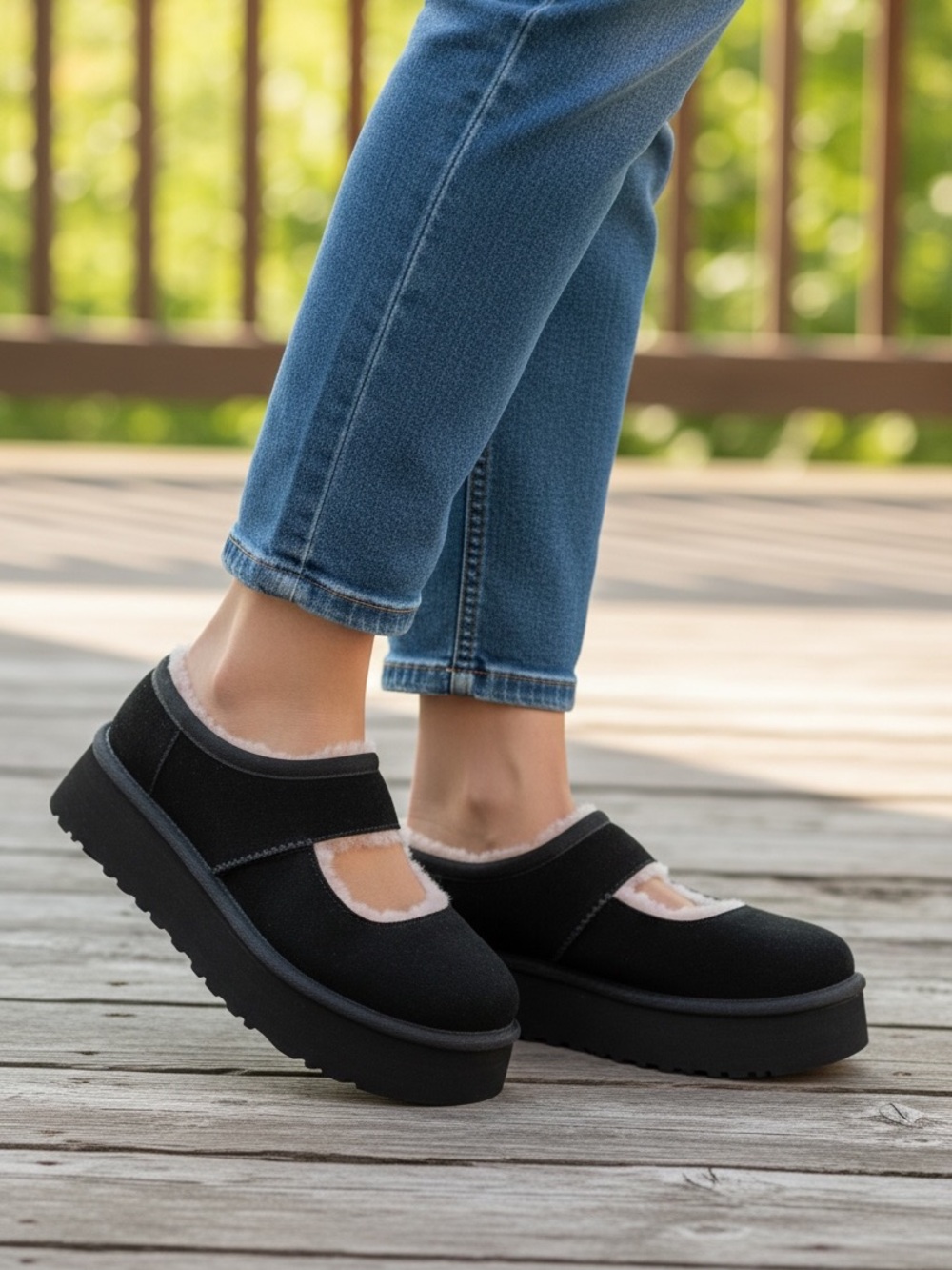 UGG Black Bea Genuine Shearling Lined Platform Suede Mary Jane Slip On Shoes